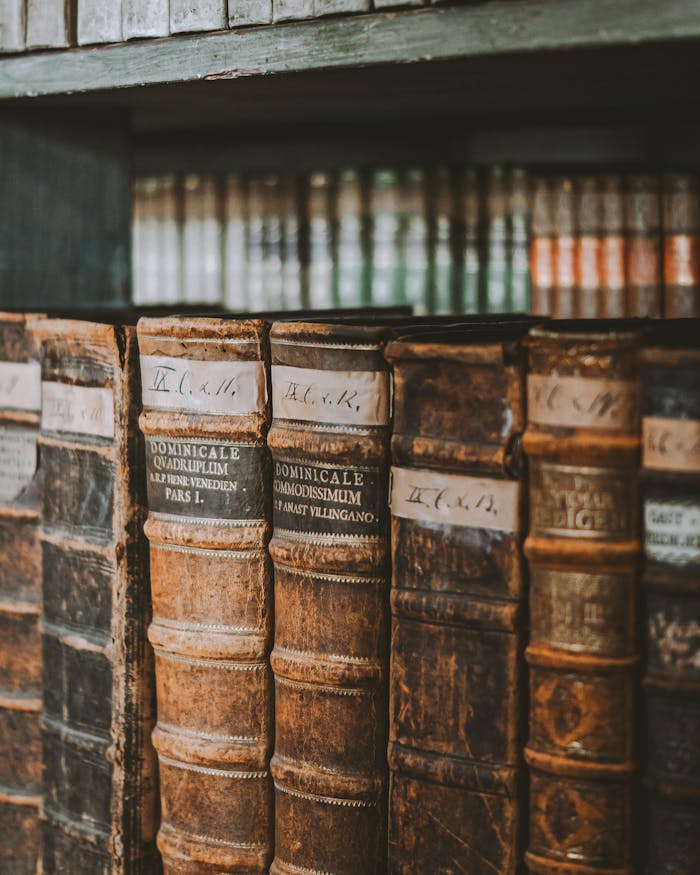 our-story A close-up of antique leather-bound books on wooden shelves in a historic library setting.