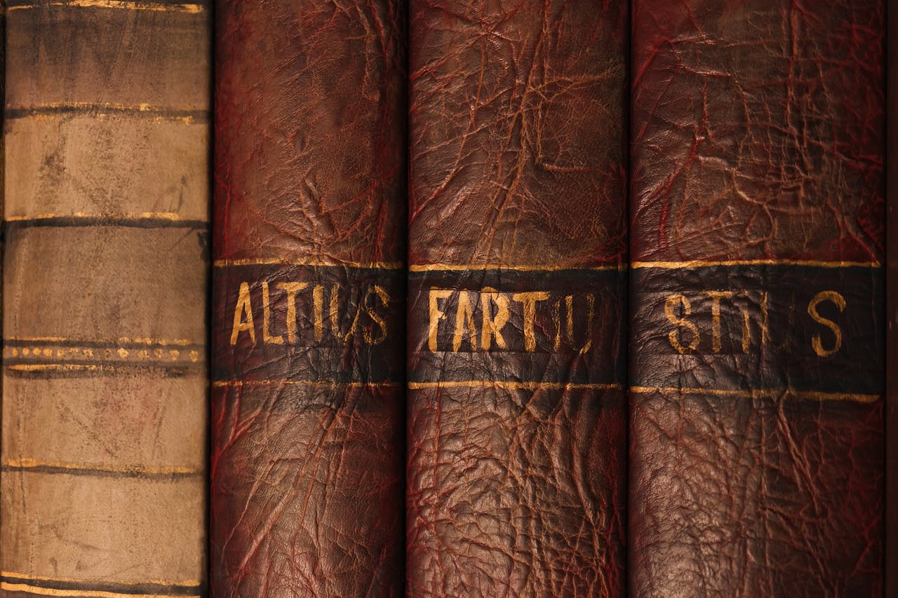home-img Detailed close-up of antique leather book bindings with ornate texture and golden text.